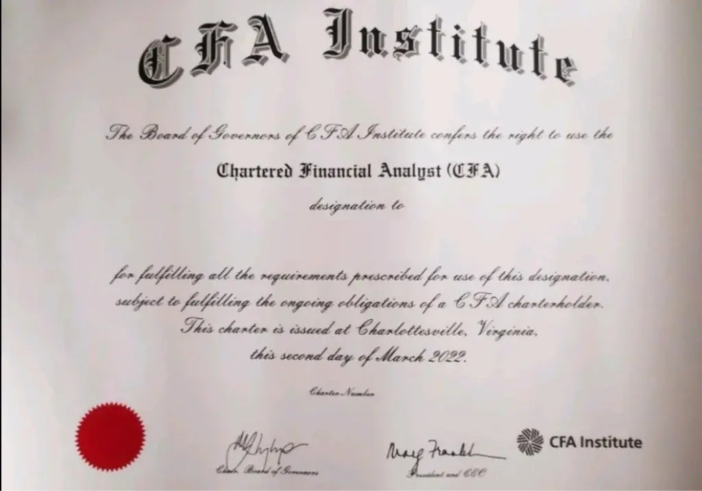 Chartered Financial Analyst Course Completion Certificate By CFA Institute