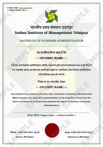 Sample BBA Degree Certificate - IIM Udaipur